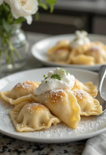 Творожные польские вареники, поданные с сахарной пудрой и сметаной