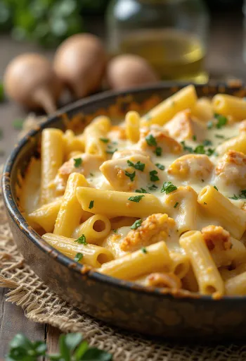 Запеканка из макарон с курицей, поданная на белой тарелке, с золотистым слоем сыра.