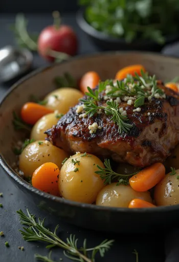 Запеченное мясо сурка, поданное с корнеплодами на блюде.