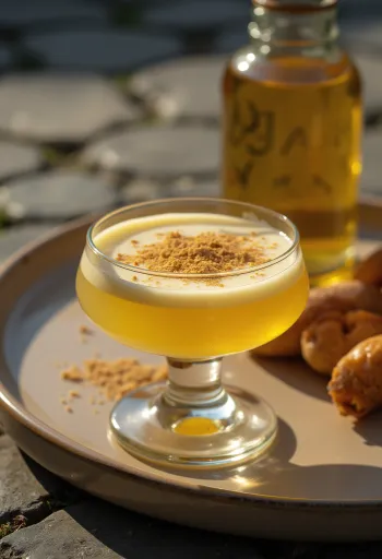 Домашний яичный ликер в бутылке, посыпанный тертым мускатным орехом.