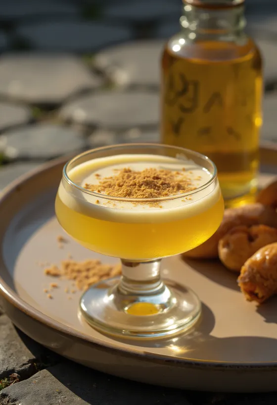 Домашний яичный ликер в бутылке, посыпанный тертым мускатным орехом.