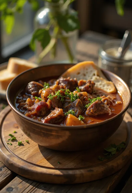 Рагу из кабана с сочными кусочками мяса, поданное с картофельным гарниром