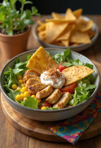 Боул с курицей, овощами и кусочками тортильи