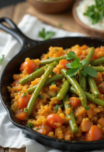 Чакалака со стручковой фасолью, поданная с богатыми овощами и специями.