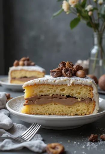 Каштановый торт, нарезанный ломтиками, украшенный шоколадом