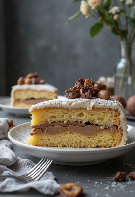 Каштановый торт, нарезанный ломтиками, украшенный шоколадом