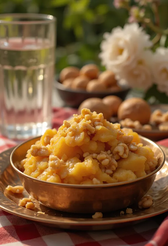 Аате ка Халва с богатым пряным вкусом, жареными орехами и розовой водой.