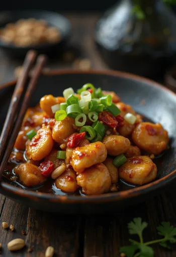 Курица по-сычуаньски, поданная с рисом