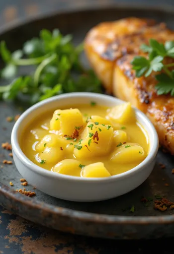 Сливочный соус с карри, ананасом и лаймом при подаче