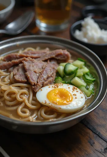 Мул Нэнмён, поданный к столу, холодный суп с лапшой нэнмён, говядиной и яйцом