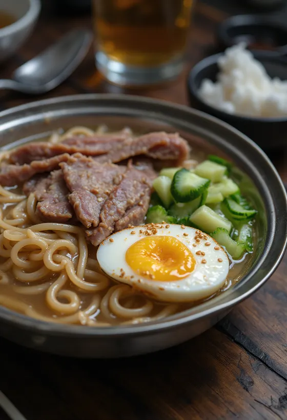 Мул Нэнмён, поданный к столу, холодный суп с лапшой нэнмён, говядиной и яйцом