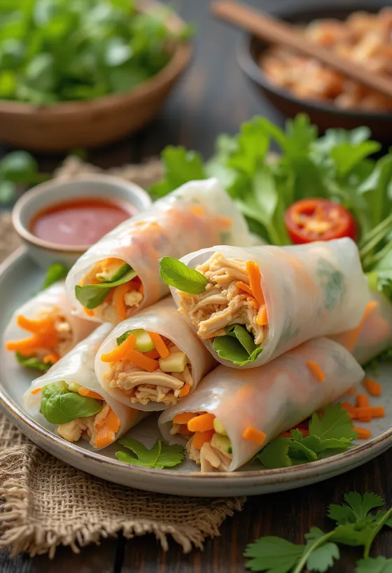 Фо куон с острым соусом, куриное мясо, завернутое в рисовую бумагу, с овощами и острым соусом
