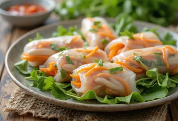 Фо куон с острым соусом, куриное мясо, завернутое в рисовую бумагу, с овощами и острым соусом