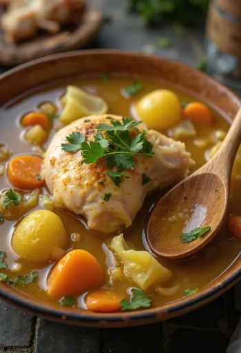 Пучеро де гальина, куриный суп с овощами по-латиноамерикански, украшенный свежей кинзой