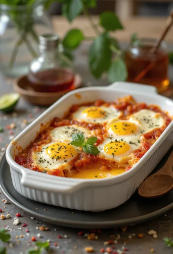 Сочная запеканка из баклажанов слоями с мясным фаршем и сыром, запеченная до золотистого цвета.