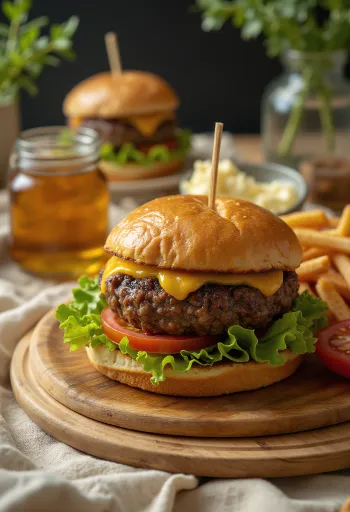 Бургер с мясом тюленя, поданный с салатом, помидором и майонезом.