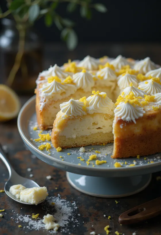 Классический творожный торт, посыпанный сахарной пудрой