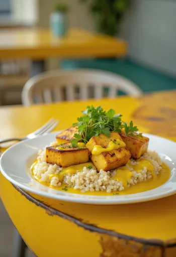 Жареный тофу с киноа и карри с тахини