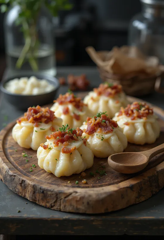 Страпачка с брынзой, поданная со сметаной и жареным салом.