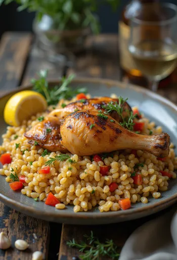 Фарро с жареной курицей и лимонной заправкой