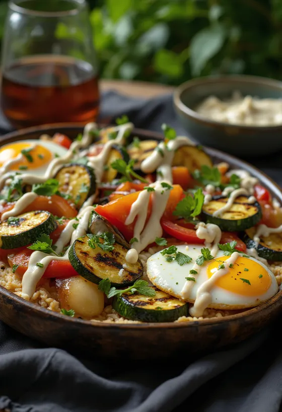 Овощи на гриле с соусом тахини, украшенные петрушкой