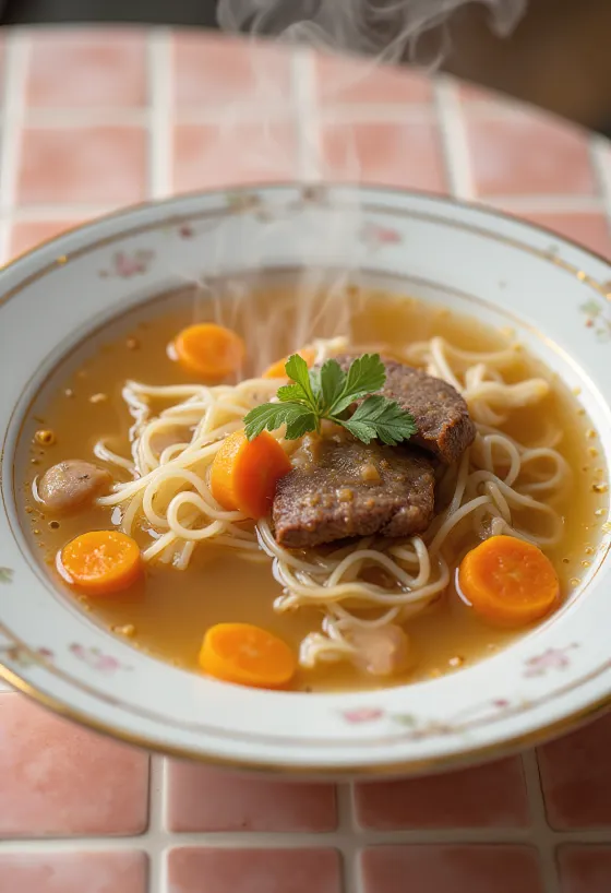 Мясной бульон, поданный со свежими овощами и лапшой