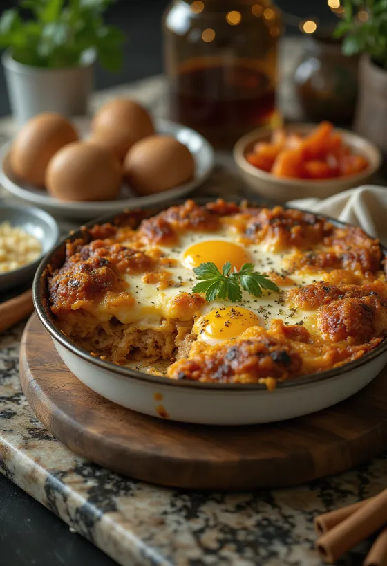 Пряная мусака с мясными и творожными слоями