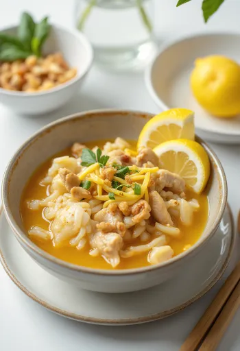 Арроз Кальдо с жареным рисом, богатым рисом и кусочками курицы, свежим кориандром