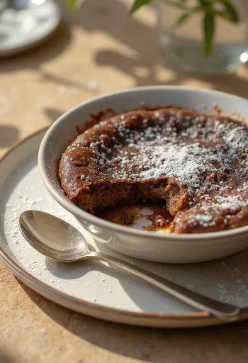 Свежий, золотисто-коричневый клафути с шоколадом, поданный к столу