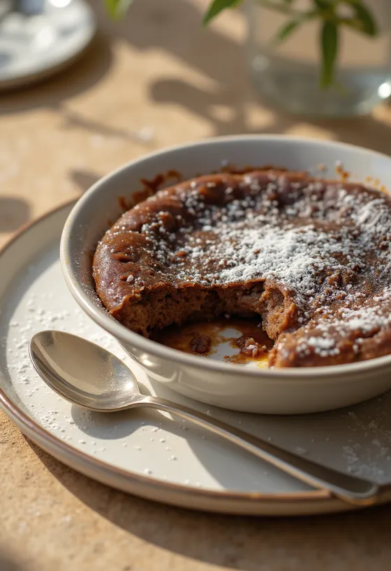 Свежий, золотисто-коричневый клафути с шоколадом, поданный к столу