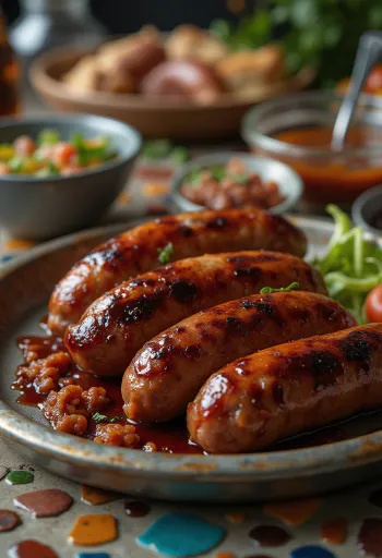 Подача копченых колбасок барбекю с соусом чипотле