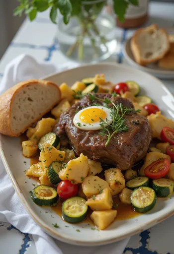 Оссобуко с телячьими костями, поданное с запеченными овощами