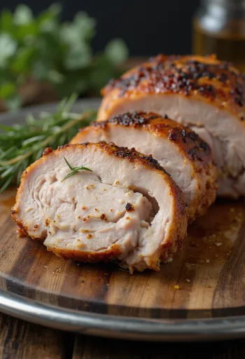 Копченая грудка дикой индейки, поданная с овощами гриль.