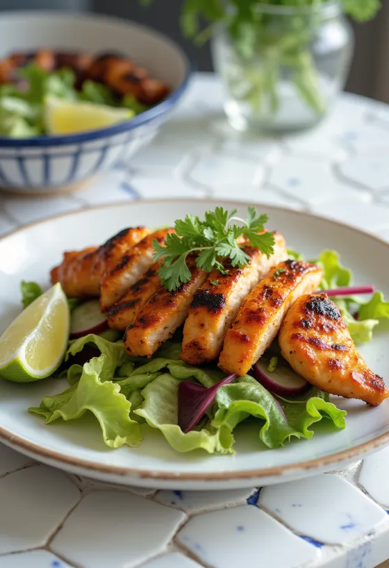 Салат с курицей тандури, с курицей гриль, огурцом и ломтиками свеклы