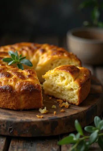 Боло де фуба с сыром, золотисто-коричневый пирог, поданный с богатым сыром.