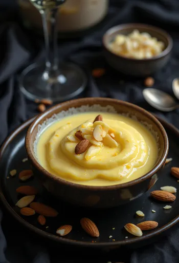 Басунди с миндалем, кремовый индийский десерт, поданный с шафраном и кардамоном