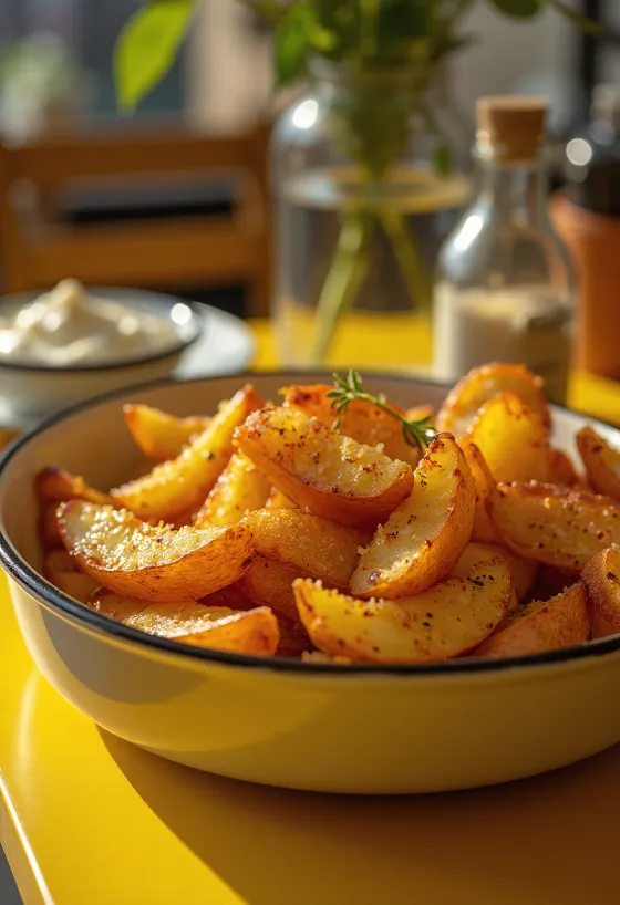 Хрустящий пряный картофель, запеченный до золотисто-коричневого цвета, посыпанный свежей зеленью