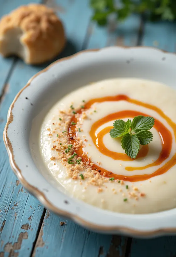 Крем-суп из цветной капусты с копченой паприкой при подаче