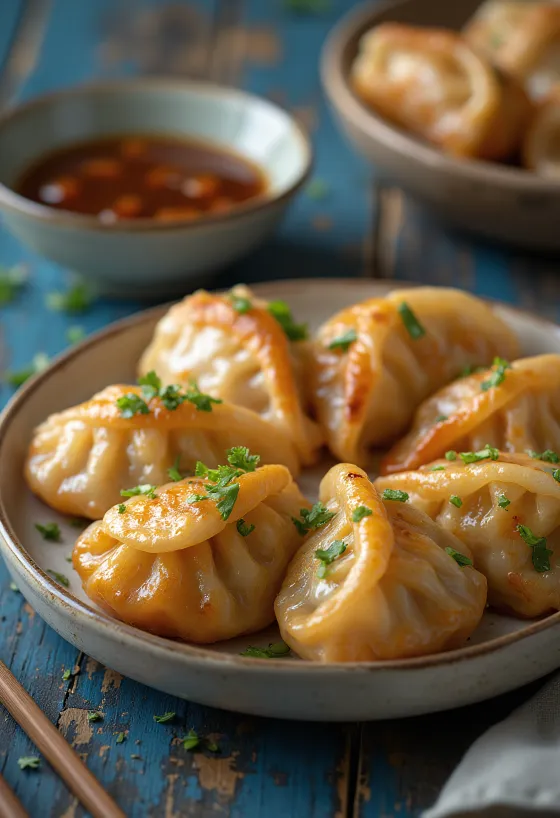 Золотистые жареные гёдза с курицей барбекю на тарелке