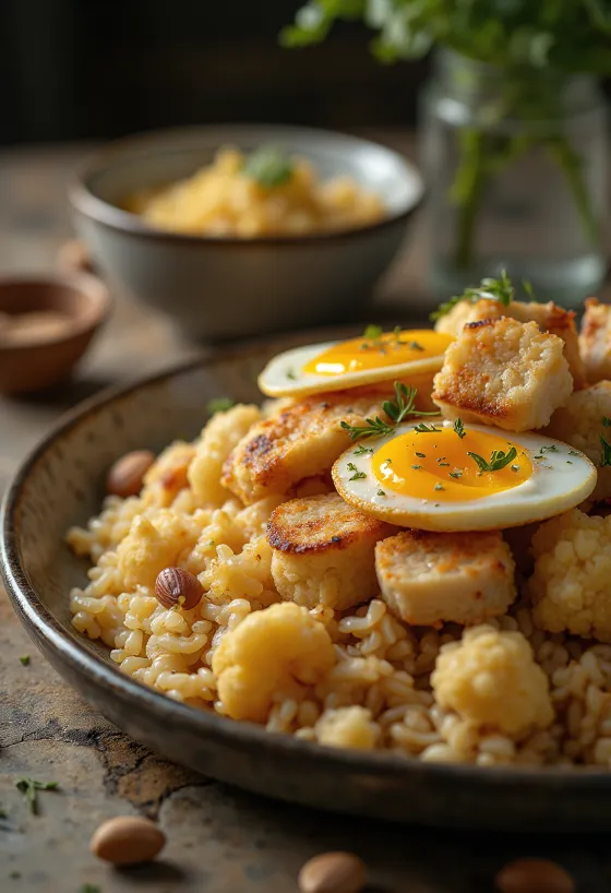 Маклюба с курицей – слоистый рис, жареные овощи и курица, поданные перевернутыми, в восточном стиле