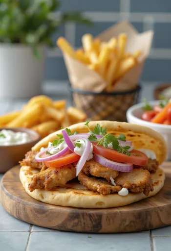 Гирос ассорти в пите с курицей, свининой, дзадзики, помидорами, луком и картофелем фри