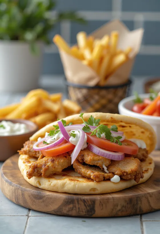 Гирос ассорти в пите с курицей, свининой, дзадзики, помидорами, луком и картофелем фри