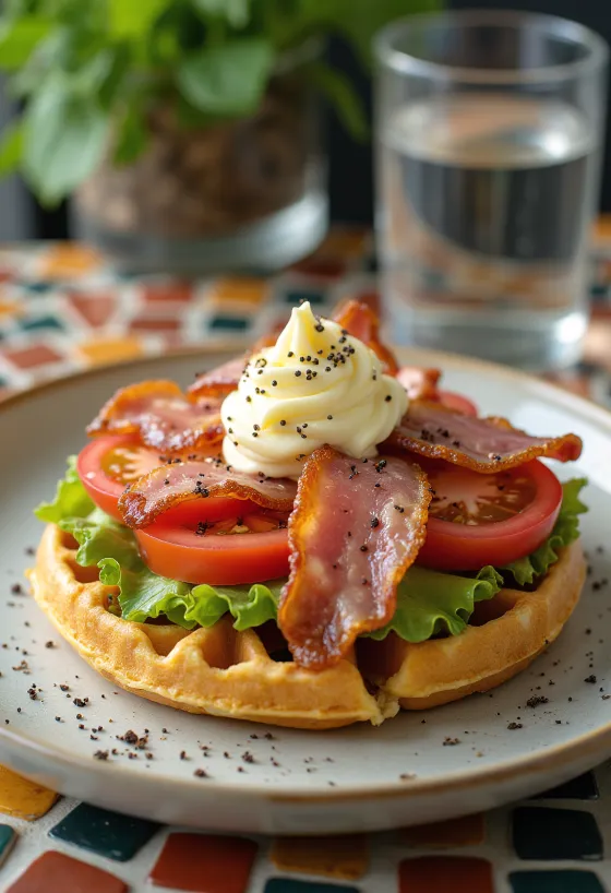 Свежеиспеченные вафли BLT с хрустящим беконом, помидорами и салатом