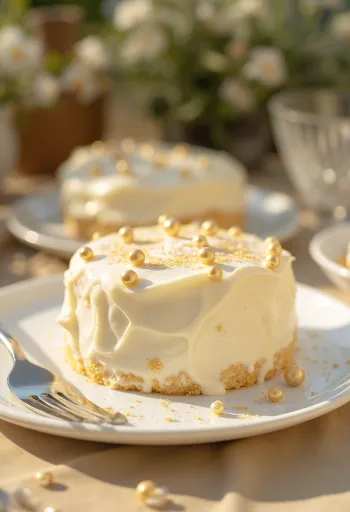 Блестящий торт с белым покрытием из мастики и золотым декором