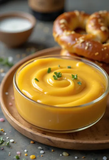 Сырный соус чеддер с пивом в миске, украшенный свежей петрушкой, рядом с начос.