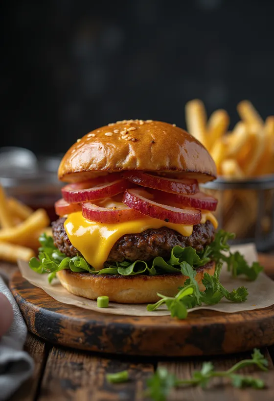 Бургер из бизона с расплавленным сыром и свежими овощами