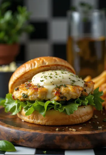 Куриный бургер с песто, курицей гриль и плавящейся моцареллой