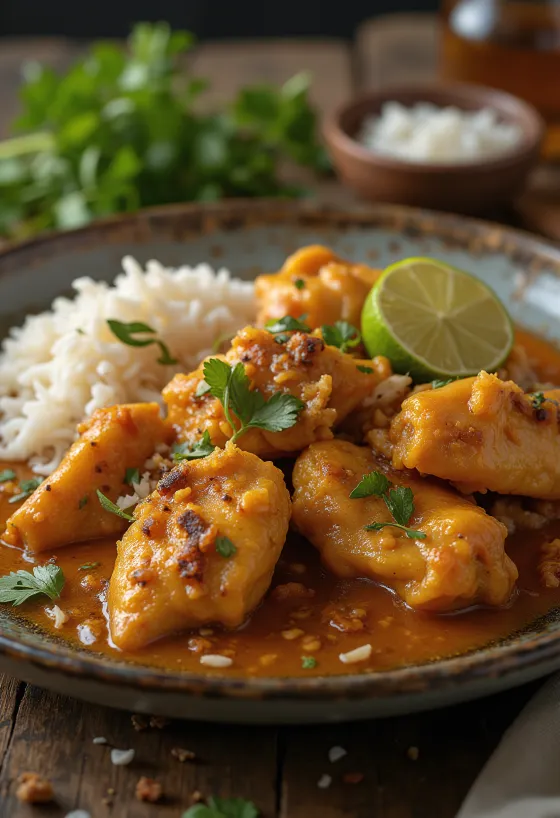 Ренданг аям с гарниром и свежим кориандром
