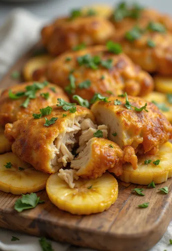 Акараже с курицей, шарики с тапиокой, украшенные жареным бананом и кинзой