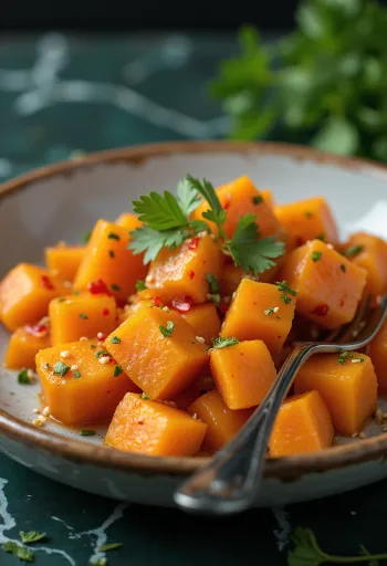 Вареный батат с чили, пряное овощное блюдо с кориандром